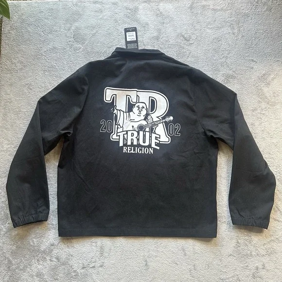 NWT True Religion Jacket Mens L Black Zip Up‎ Buddha Back Logo Streetwear Y2K
